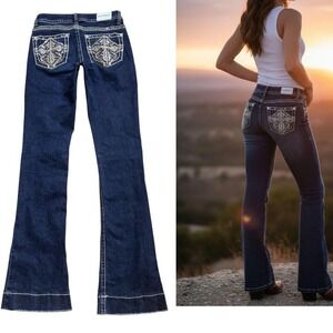 Y2K EMBROIDERED RHINESTONE STUDDED CROSS DARK WASH SEXY COUTURE FLARE JEANS SZ 5